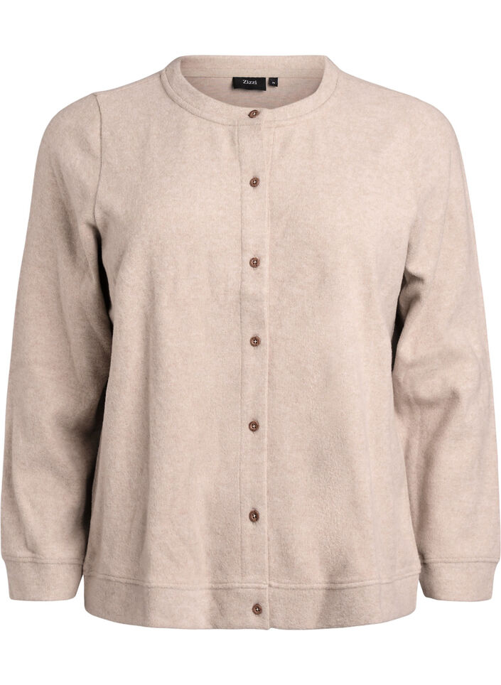 Jersey cardigan med rund hals og knapper, Beige, Packshot image number 0