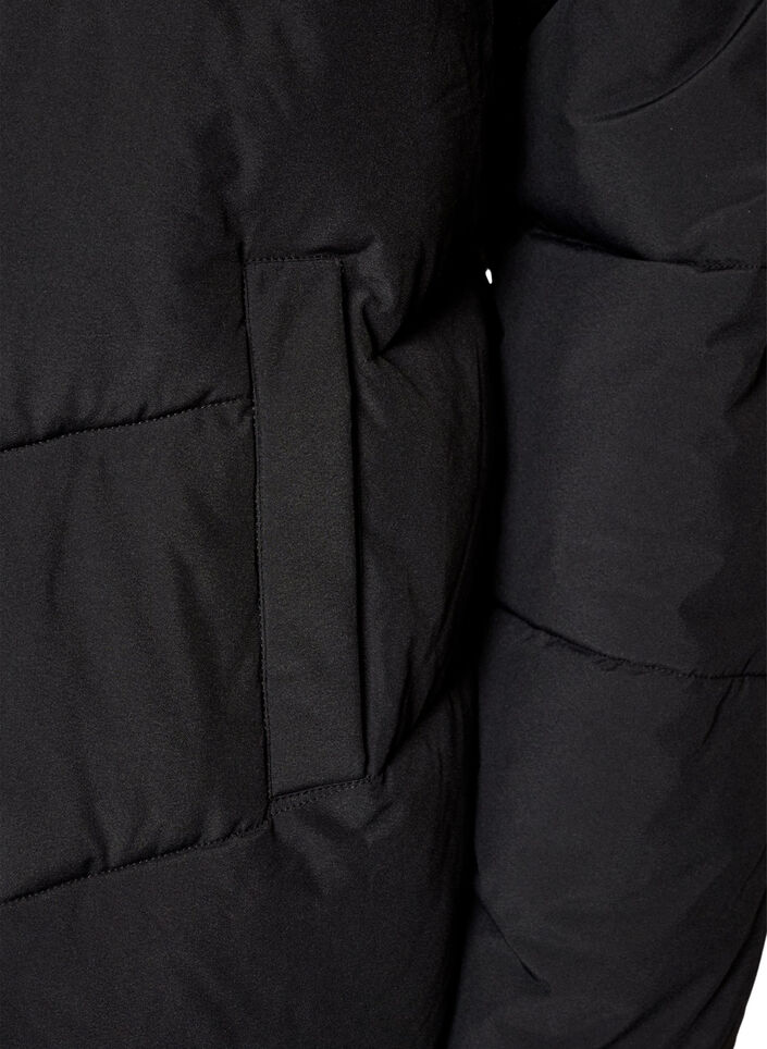 Mellomlang pufferjakke med hette, Svart, Packshot image number 3
