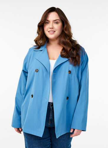 Zizzi Kort trenchcoat med lommer, Blå, Model image number 0