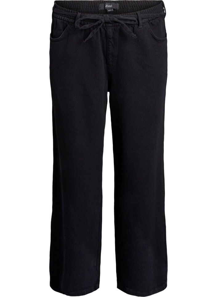 Loose fit-jeans med elastisk linning og sn&oslash;ring, Svart, Packshot