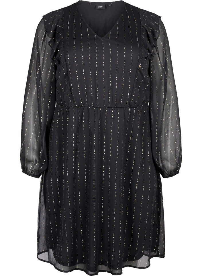 Mønstret chiffongkjole med volanger, Black, Packshot image number 0