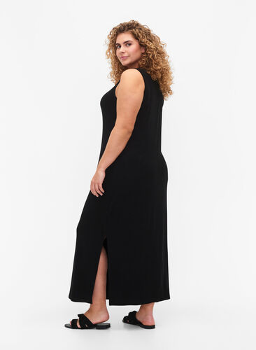 Ribbet kjole uten ermer av viskose, Black, Model image number 1
