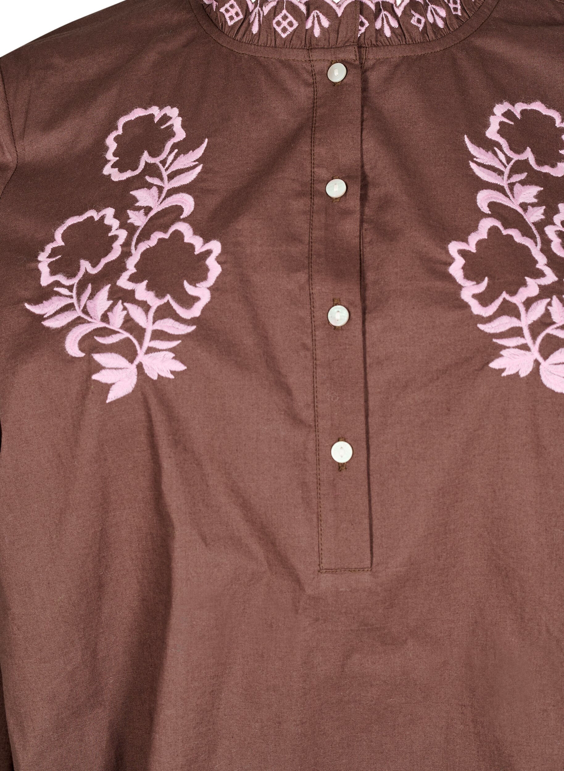 Zizzi Bluse med broderi og volangdetaljer, Brun, Packshot image number 2