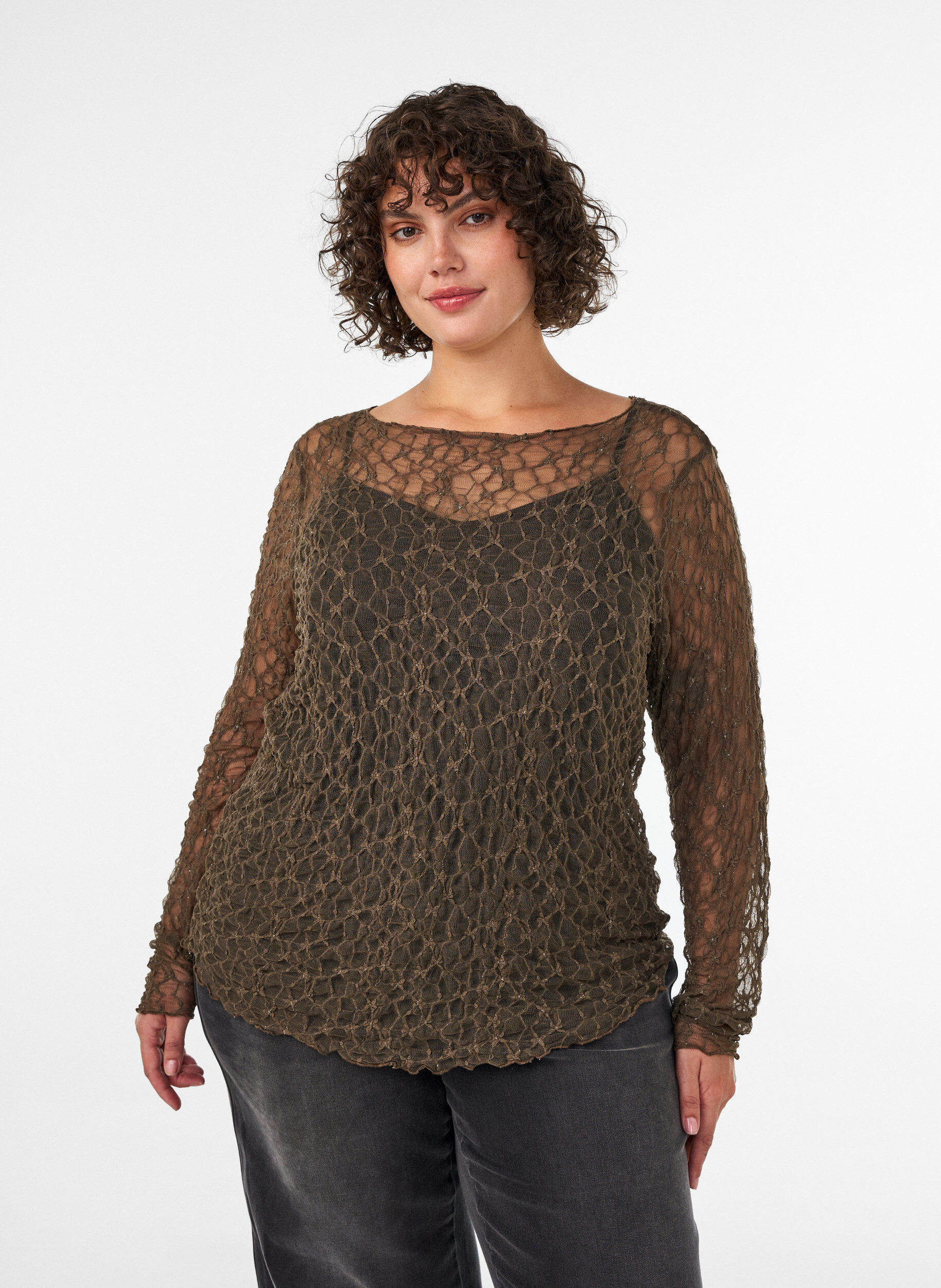 ZizziBluse i mesh med m&oslash;nster og glitrende tr&aring;d, Brun, Model image number 0