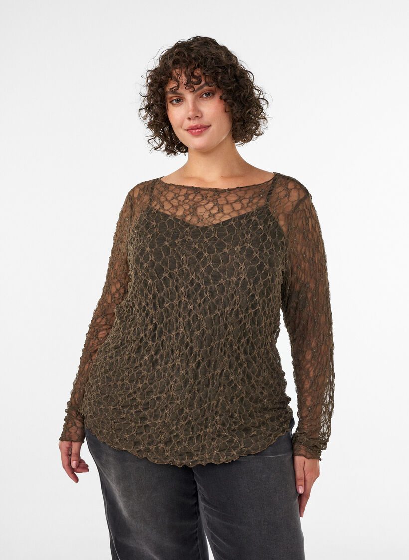 Bluse i mesh med m&oslash;nster og glitrende tr&aring;d, Brun, Model image number 0