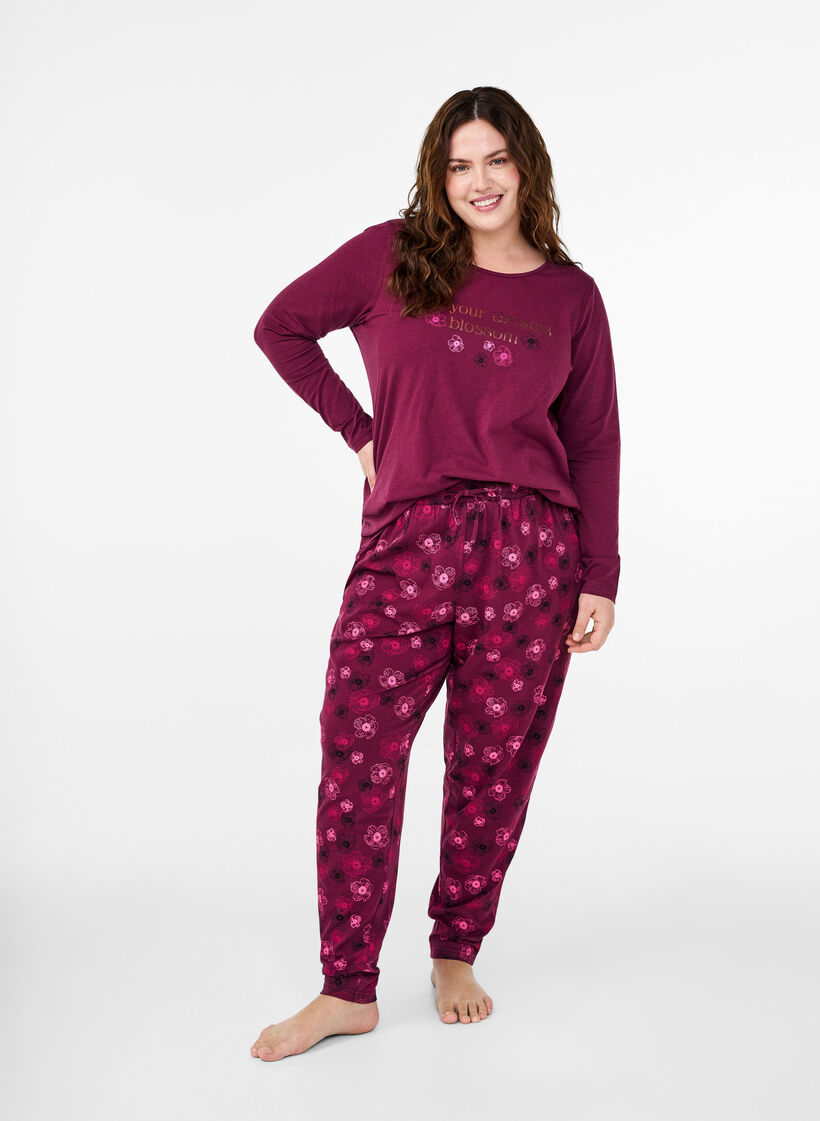 Bomull Pyjamas bukser med utskrift, M&oslash;rk Bordeaux, Model image number 0
