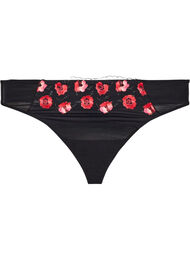 Mikrofiberstring med blomsterbroderi, Svart