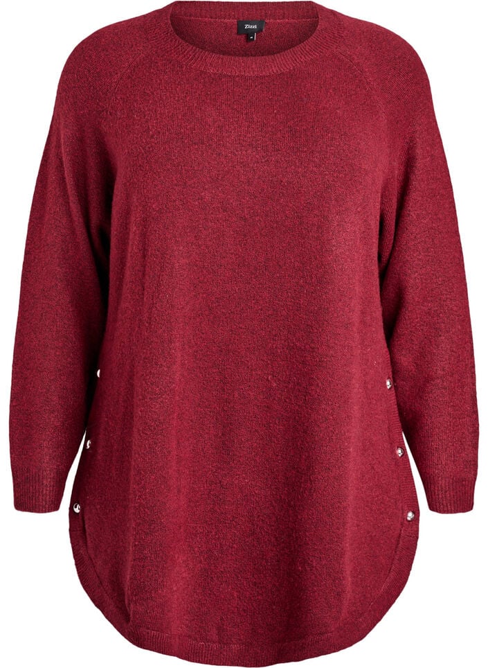 Lang strikkebluse med kuleknapper, M&oslash;rk Bordeaux, Packshot image number 0