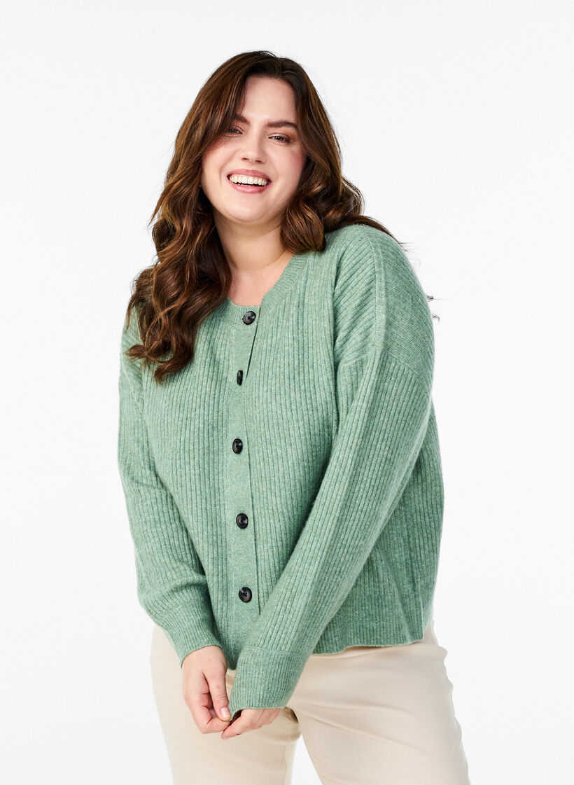 Ribbestrikket cardigan med knapper, Grønn, Model image number 0