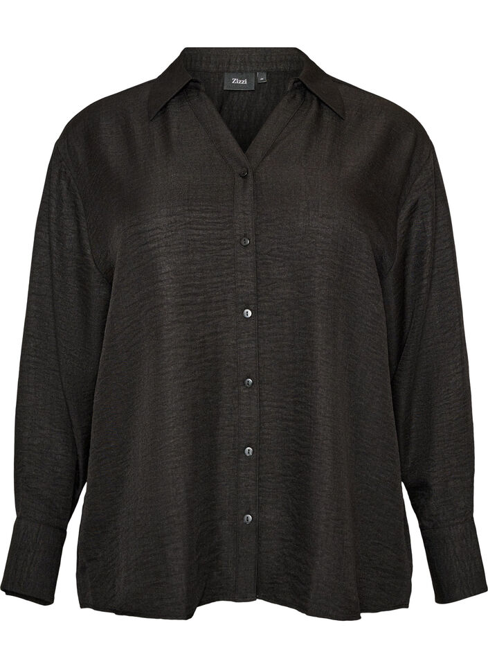 Loose fit skjorte med V-hals, Svart, Packshot image number 0