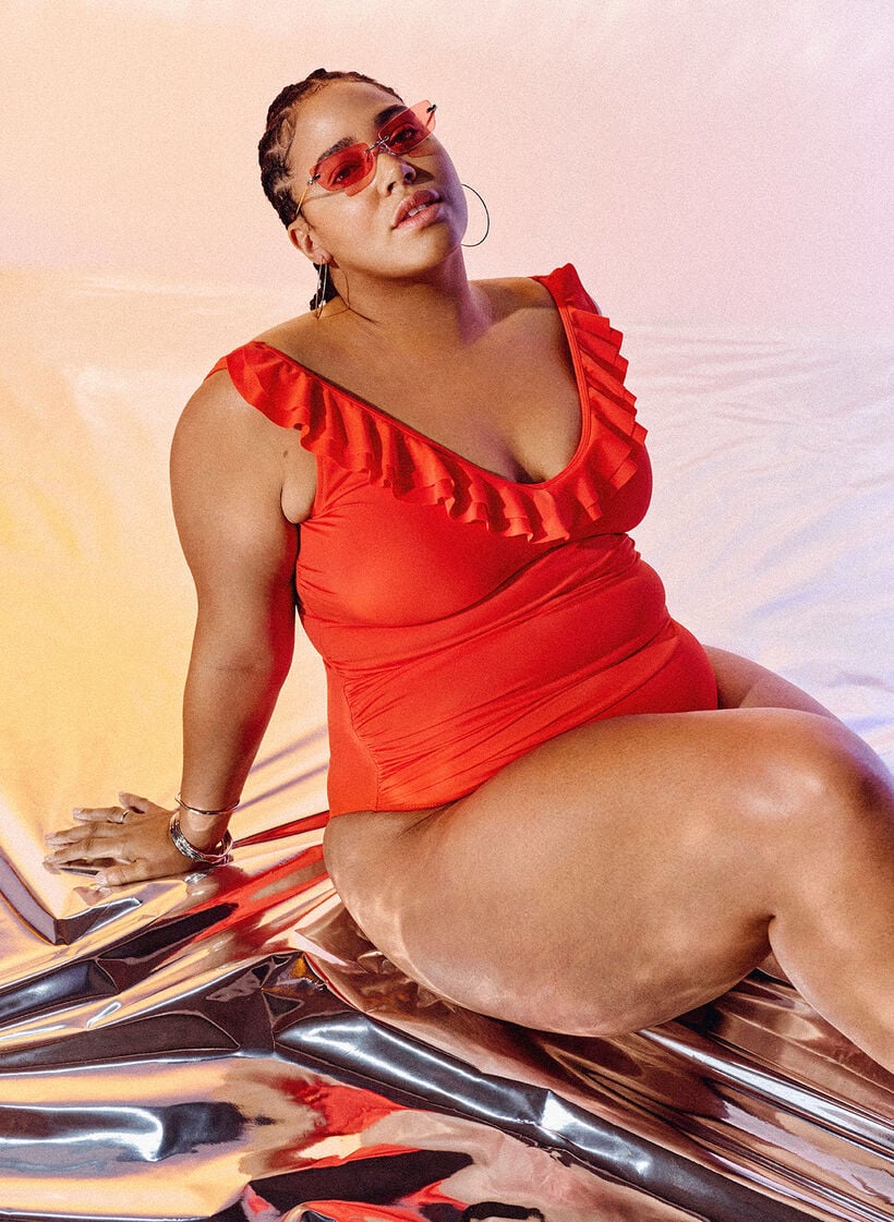 Badedrakt med volanger og avtagbar polstring, Orange, Image image number 1