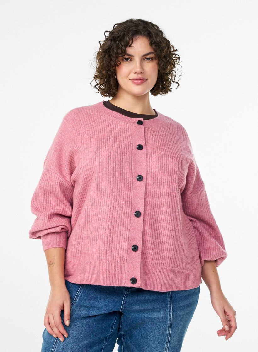 Ribbestrikket cardigan med knapper, Rosa, Model image number 0