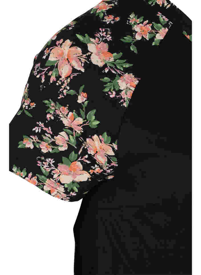 Kortermet nattkjole i bomull med mønster, Black Flower, Packshot image number 3