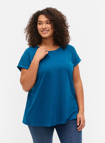 Kortermet T-skjorte i bomullsblanding, Petrol Blue, Model image number 0