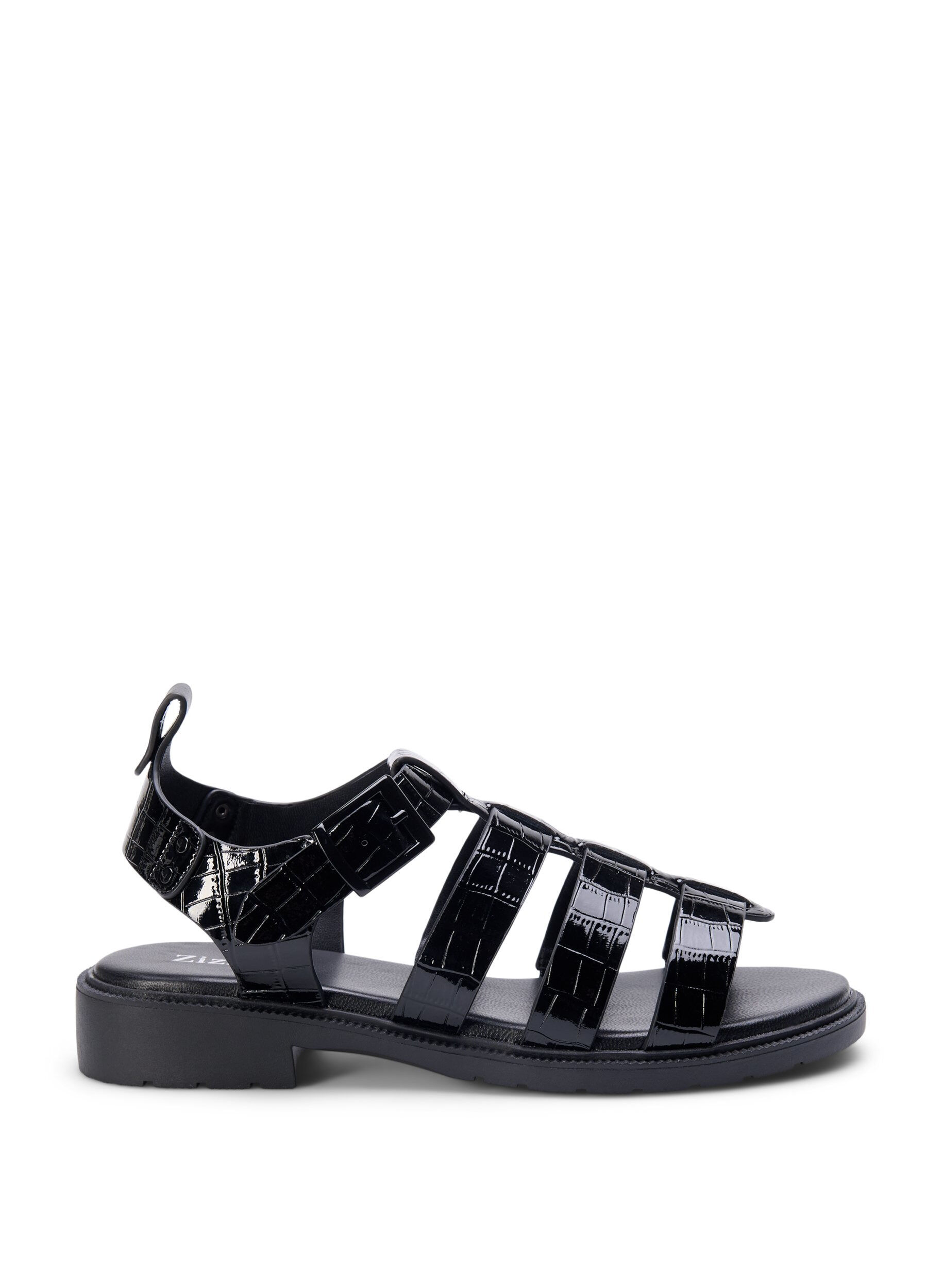 Zizzi Sandal med bred passform i skinnende krokodilleskinn, Black, Packshot image number 0