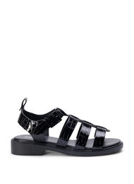 Sandal med bred passform i skinnende krokodilleskinn, Black, Packshot
