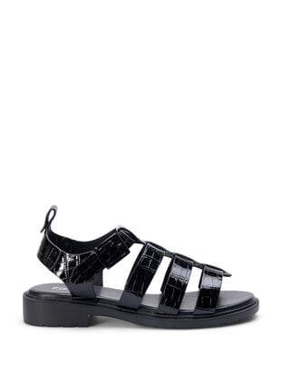 Sandal med bred passform i skinnende krokodilleskinn, Black, Packshot image number 0