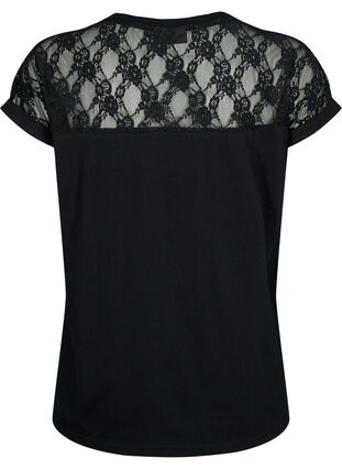 Kortermet t-skjorte i bomull med blonder, Black, Packshot image number 1