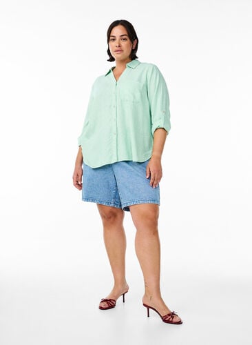 Zizzi Skjorte i lin og viskose med 3/4 ermer, Grønn, Model image number 1