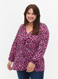 Mønstret bluse med volanger, Navy Purple AOP, Model