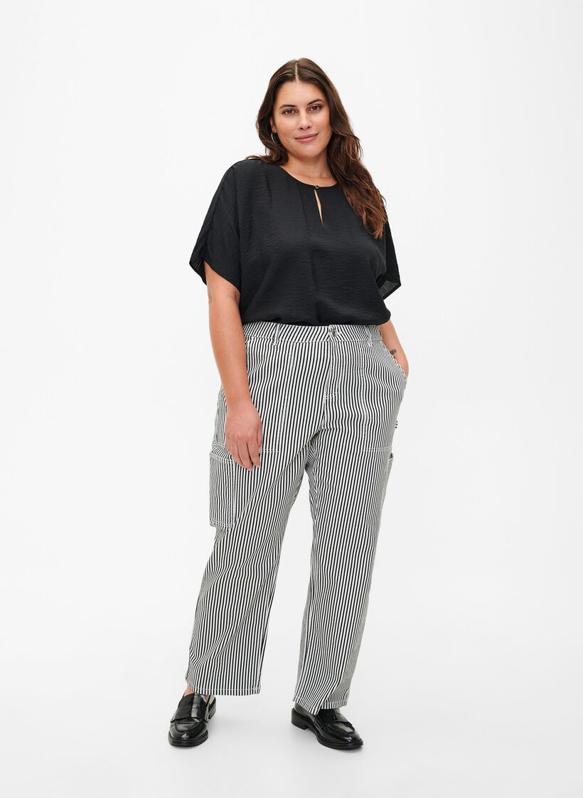Stripete cargojeans med rett passform, Black White Stripe, Model image number 0