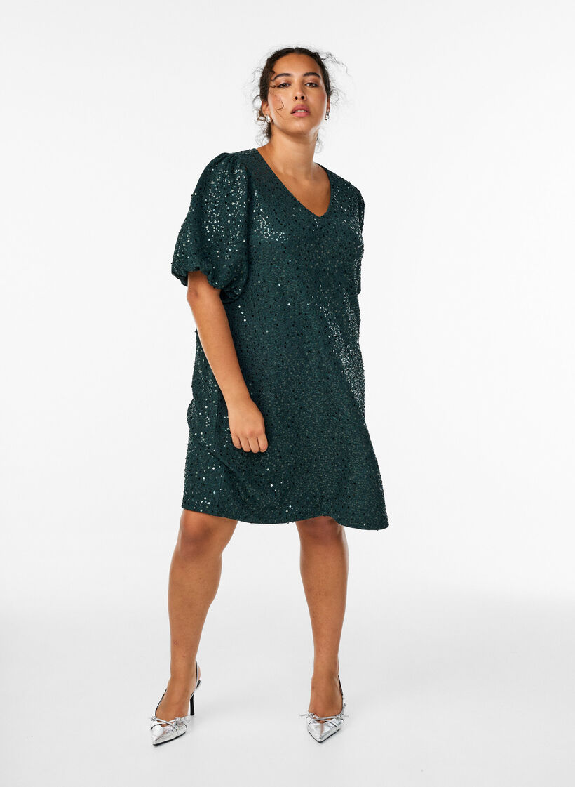 Kort paljettkjole med puffede ermer, Grønn, Model