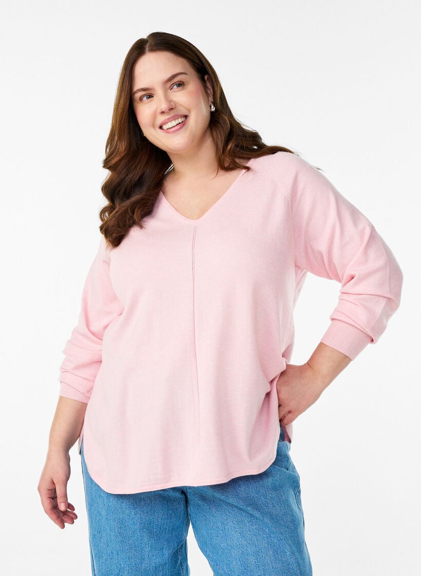 Finstrikket bluse med V-hals og detalj foran, Rosa, Model image number 0