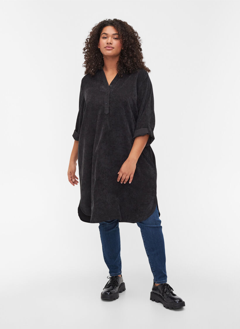 Fløyelskjole med 3/4-ermer og knapper, Black, Model image number 2