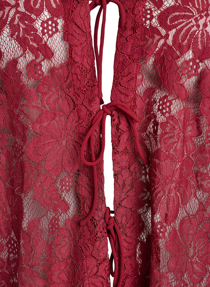 Bluse med blonder, åpen front og knytestrenger, Mørk Bordeaux, Packshot image number 2