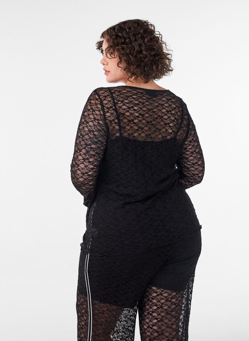 Gjennomsiktig bluse med blonder og lange ermer, Svart, Model image number 2