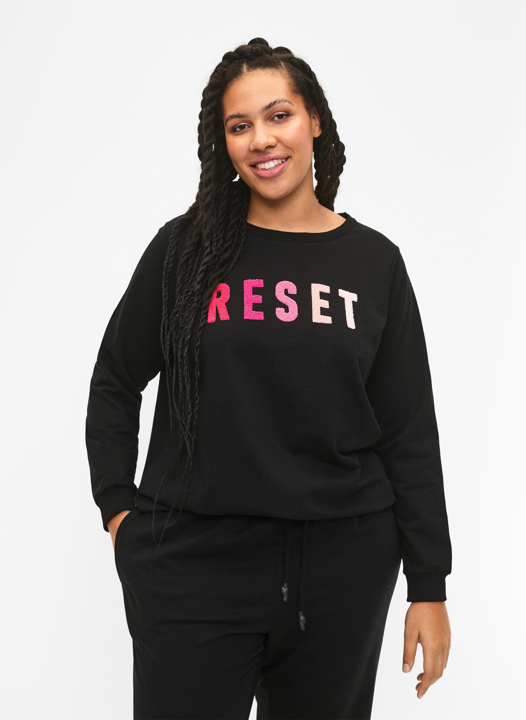 Zizzi Sweatshirt med tekst, Black W. Reset, Model image number 0