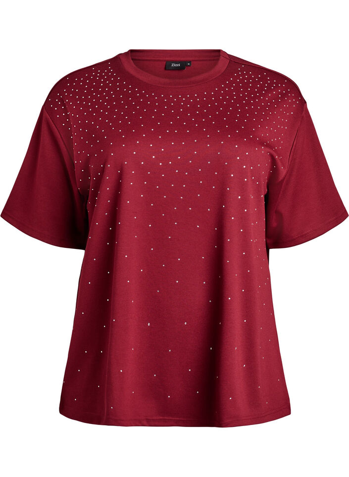 T-skjorte med rhinesteiner og rund hals, M&oslash;rk Bordeaux, Packshot image number 0