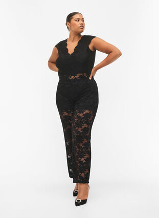 Kroppstrømpe med blondekant og V-hals, Black, Model image number 2