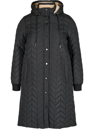 Quiltet jakke med knapper og hette, Black, Packshot image number 0