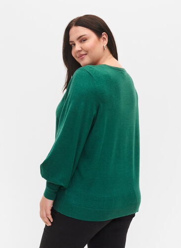 Strikkegenser med viskose og ballongermer, Evergreen Mel., Model image number 1