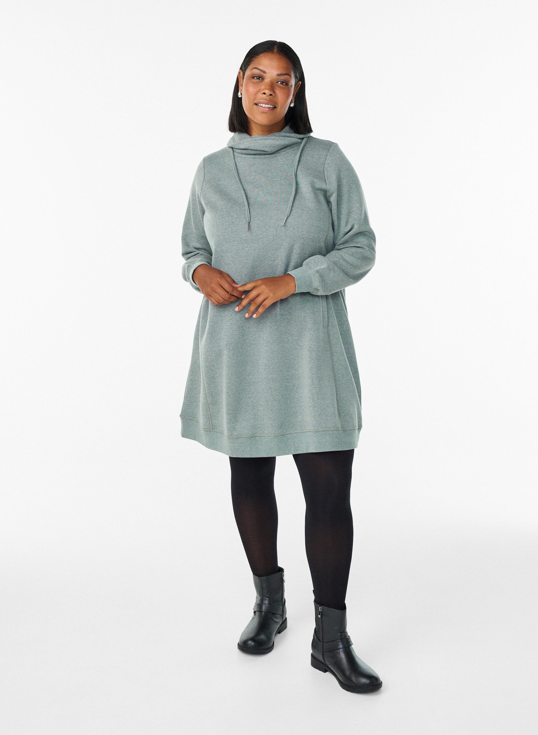 ZizziKort genserkjole med h&oslash;y hals og lommer, Gr&oslash;nn, Model image number 1