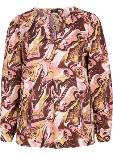 Mønstrete viskosebluse med V-hals, AOP, Packshot image number 0