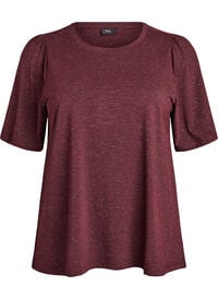T-skjorte med glitter og korte puffermet, Mørk Bordeaux T-skjorte med glitter og korte puffermet