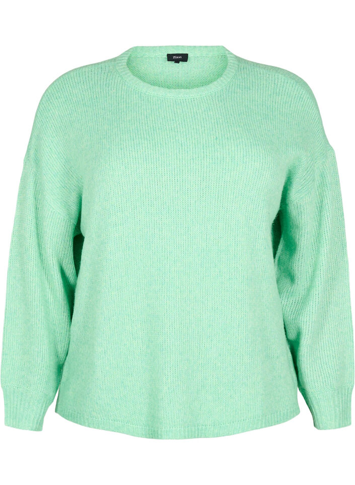 Langermet strikket genser med ull og rund hals, Light G. Green Mel., Packshot image number 0