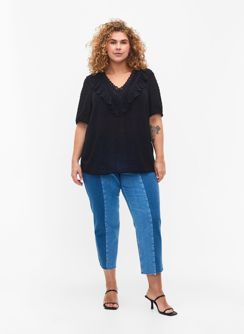 Bluse med korte ermer og prikkete struktur, Night Sky, Model image number 2