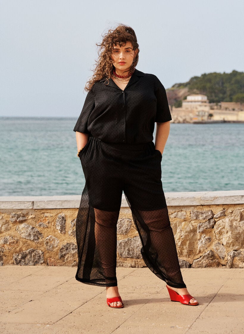 Loose fit chiffongbukser med prikker, Svart, Image image number 0