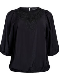Bluse med 3/4 ermer og blondedetaljer, Black