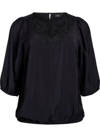 Bluse med 3/4 ermer og blondedetaljer, Svart Bluse med 3/4 ermer og blondedetaljer