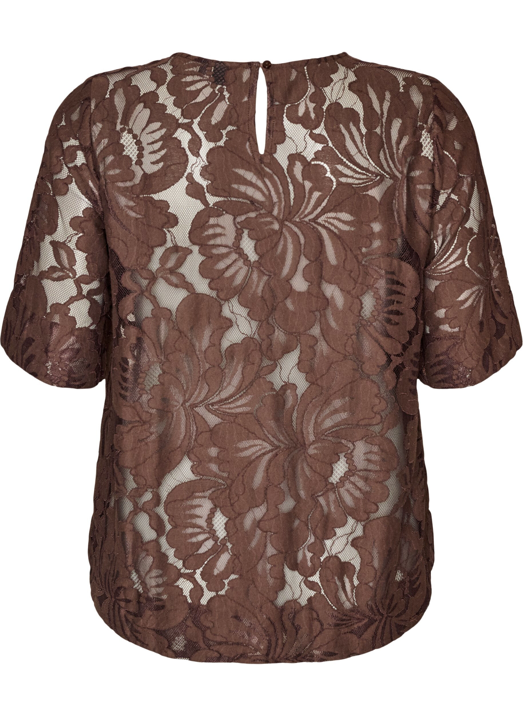 ZizziBluse med blonder og korte ermer, Brun, Packshot image number 1