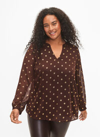 Bluse med trykk og v-hals, Fudge/Gold Dots, Model