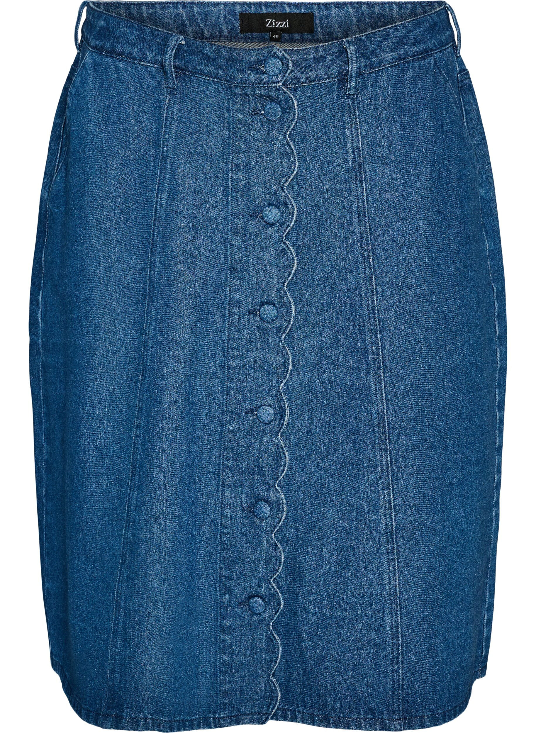 ZizziA-formet denimskj&oslash;rt med b&oslash;lgete knappestolpe, Bl&aring;, Packshot image number 0