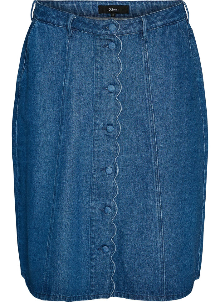 A-formet denimskj&oslash;rt med b&oslash;lgete knappestolpe, Bl&aring;, Packshot image number 0