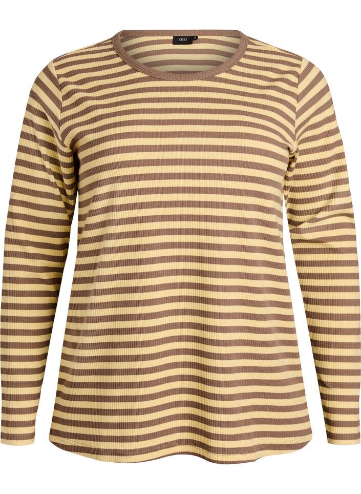 Stripete bluse med lange ermer, Brun, Packshot