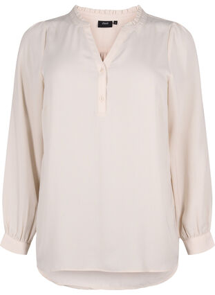 Langermet bluse med V-hals, Warm Off-white, Packshot image number 0