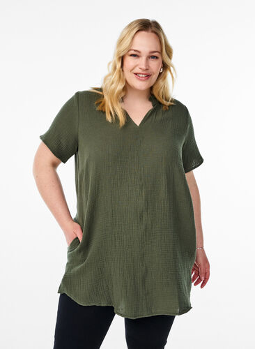 Zizzi Bomullsmuslin tunika med korte ermer, Grønn, Model image number 0